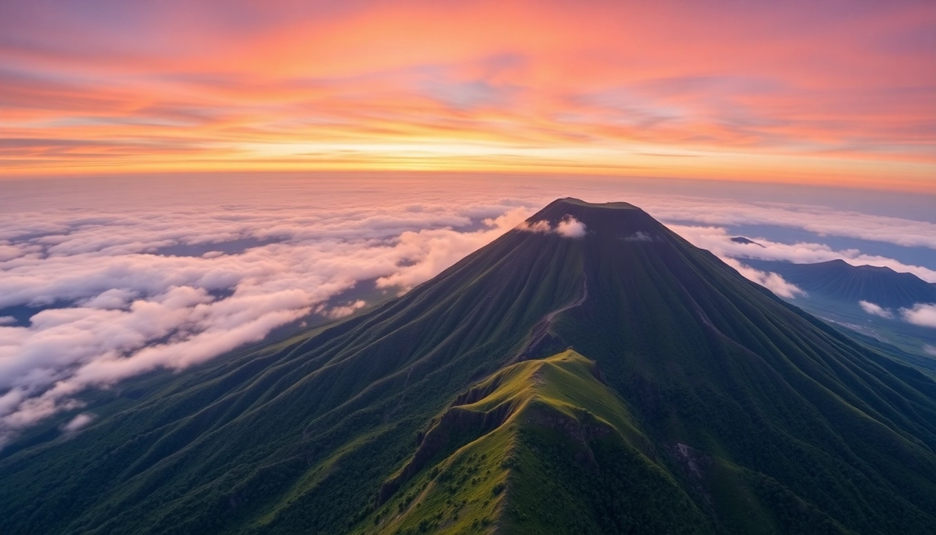 Majestic Mount Rinjani emerges from lush greenery with morning light illuminating its volcanic summit, inspiring adventure and nature lovers.