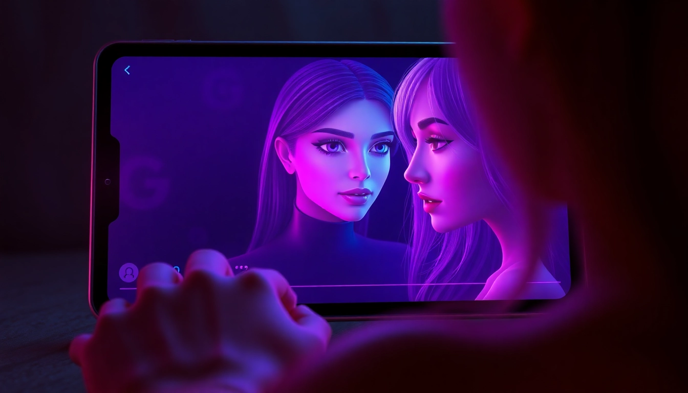 Futuristic digital scene of an AI adult chat interface with a virtual female character in a neon-lit environment.