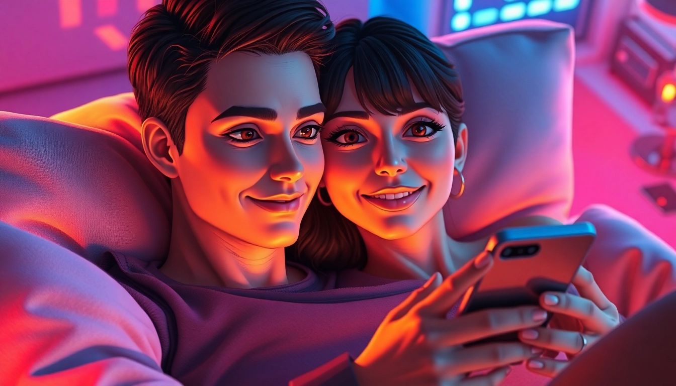 Digital scene of a person interacting with an AI girlfriend in a cozy, modern room with warm lighting and detailed textures.