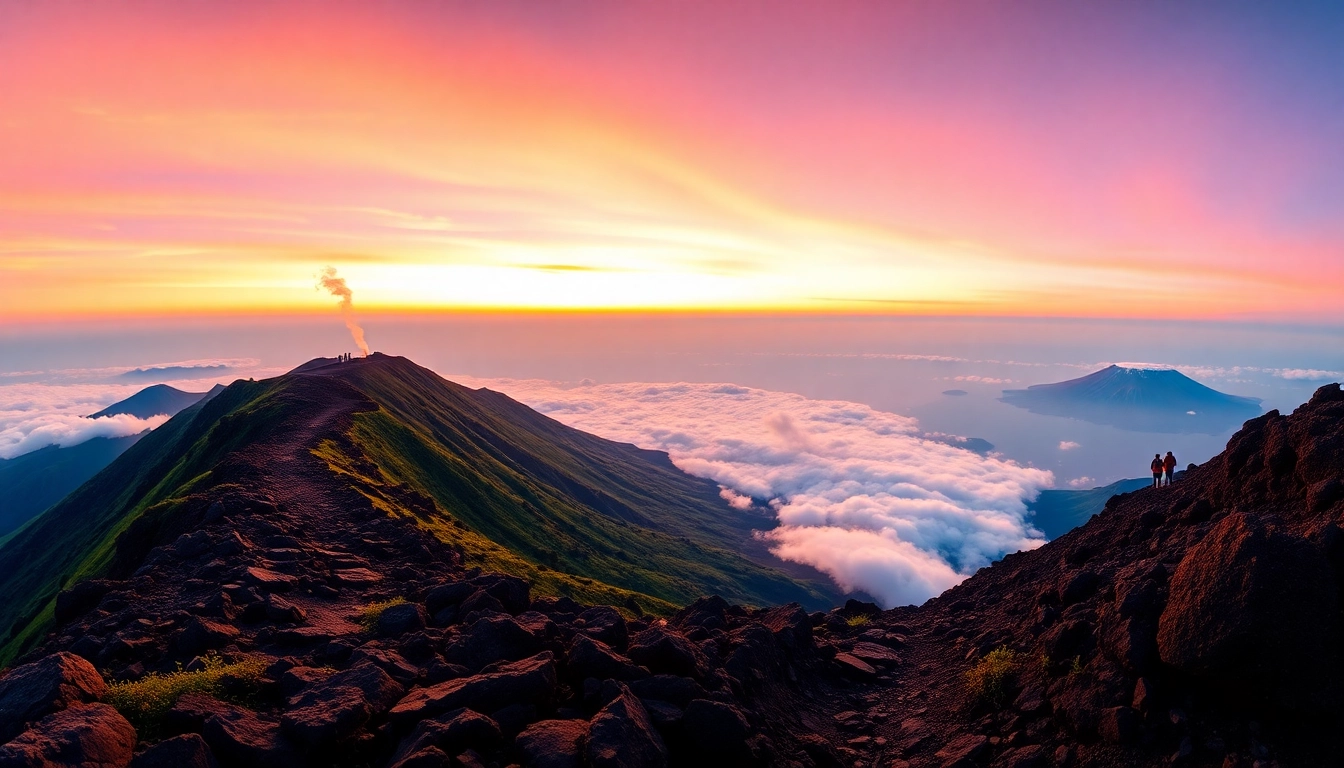 An inspiring sunrise over Mount Rinjani with hikers at the crater rim, showcasing rugged terrain and lush greenery.