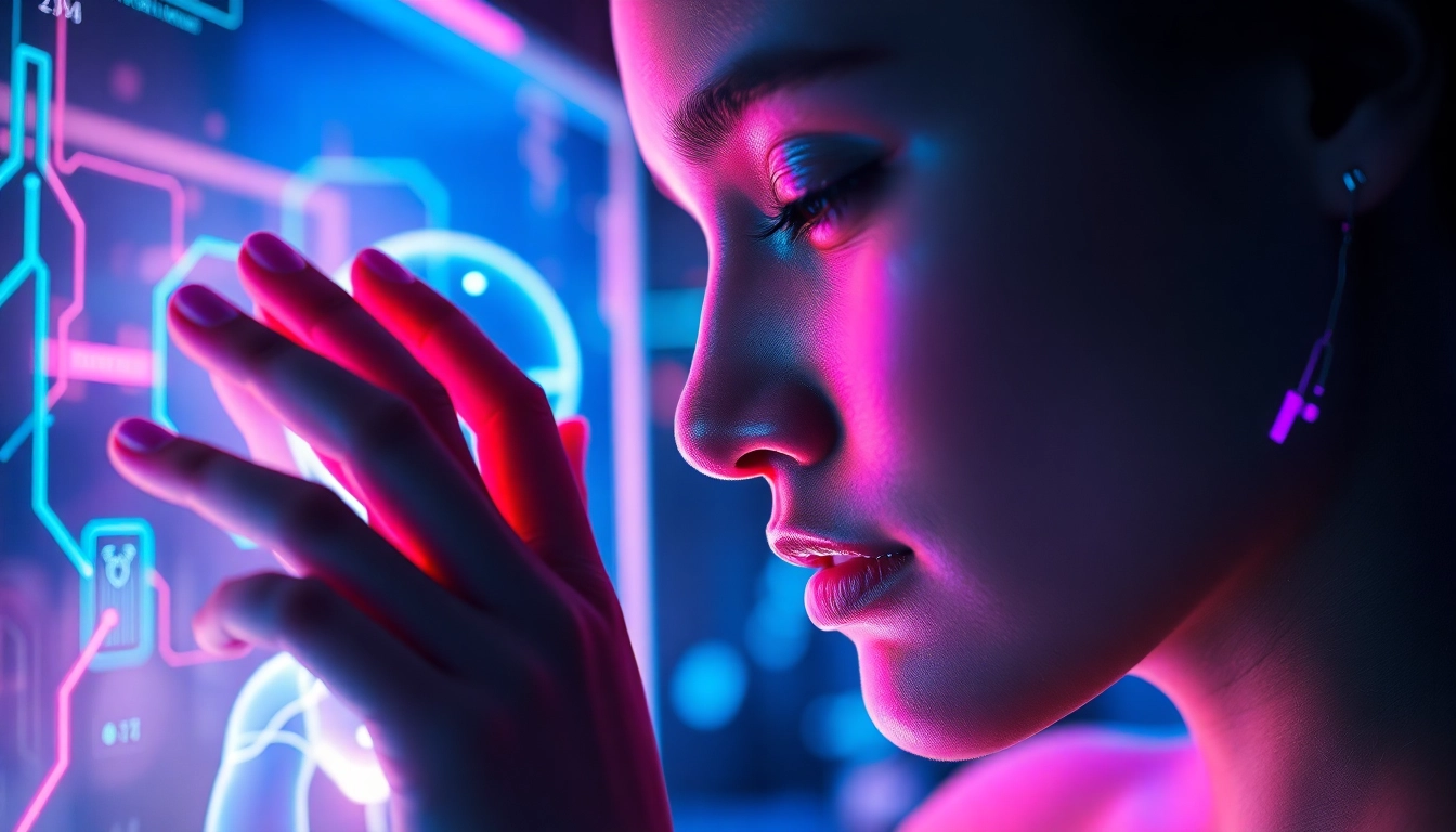 Close-up of a person interacting with a luminous AI character in a high-tech virtual environment, vibrant neon colors and digital textures highlighting intimacy and futuristic technology.