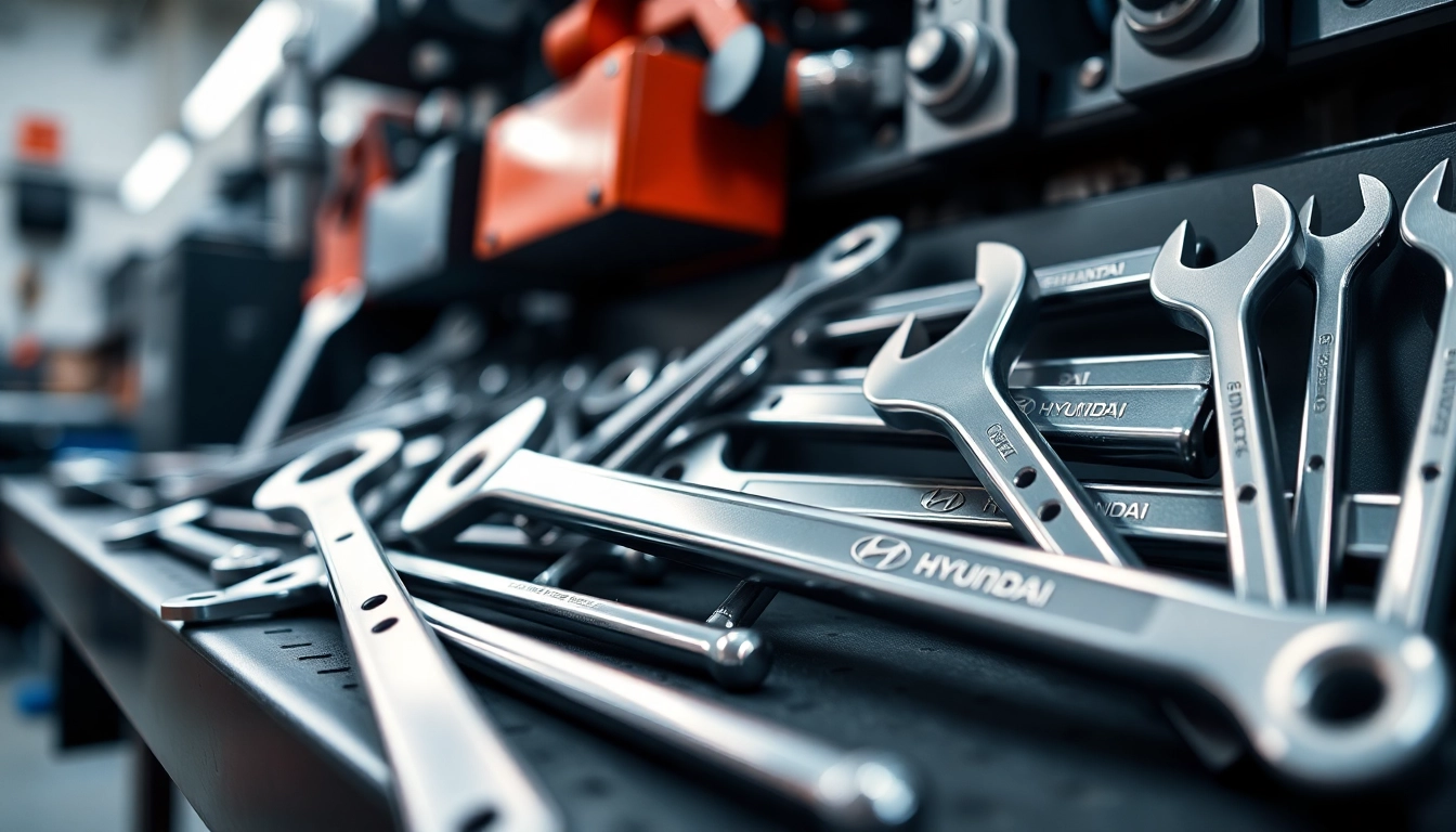 High-quality Hyundai werkzeug tools laid out for automotive repairs, emphasizing durability and precision in a modern workshop setting.