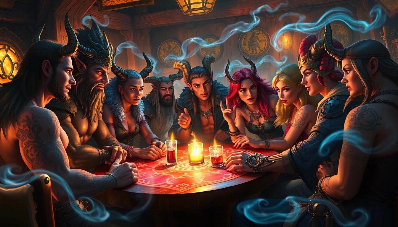 Fantasy characters around a glowing magical table in a cozy tavern with warm lighting and detailed textures.
