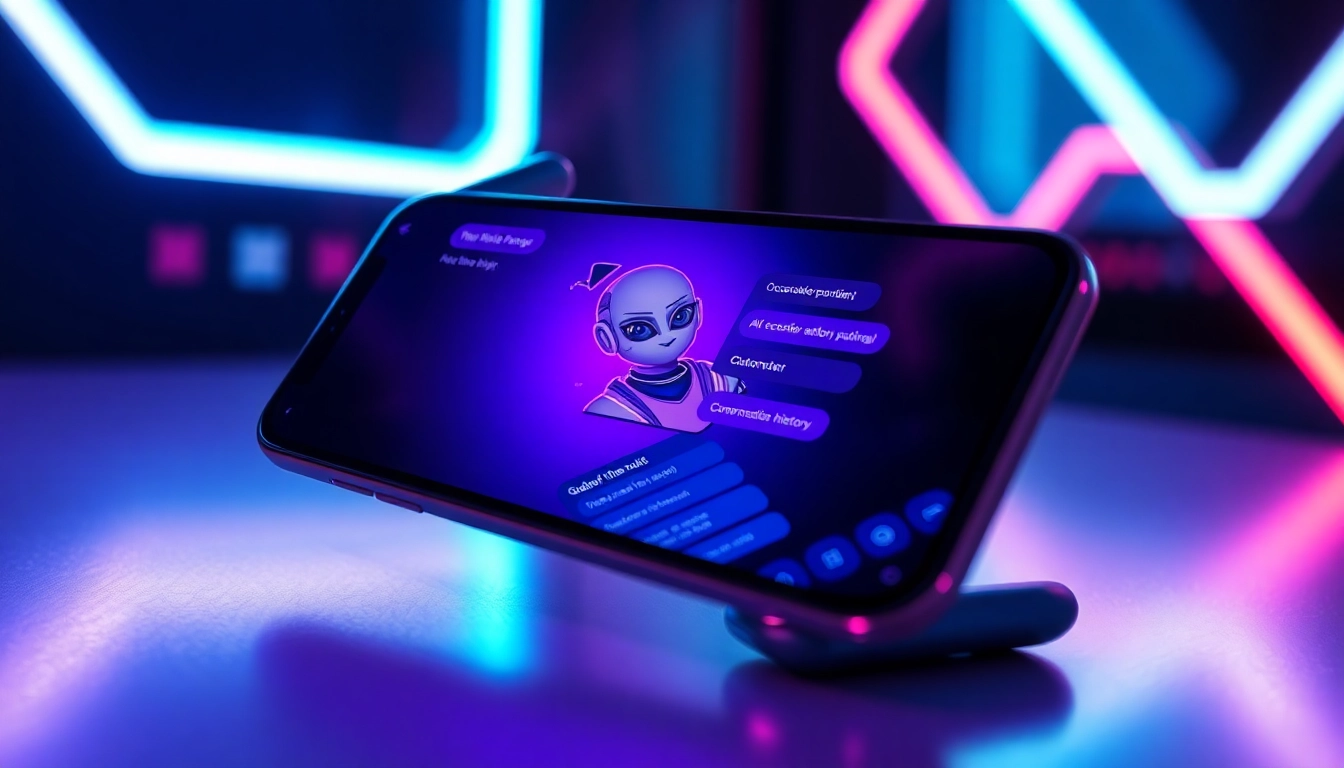 A futuristic smartphone displaying a customizable AI chatbot interface with neon accents and a friendly AI character.