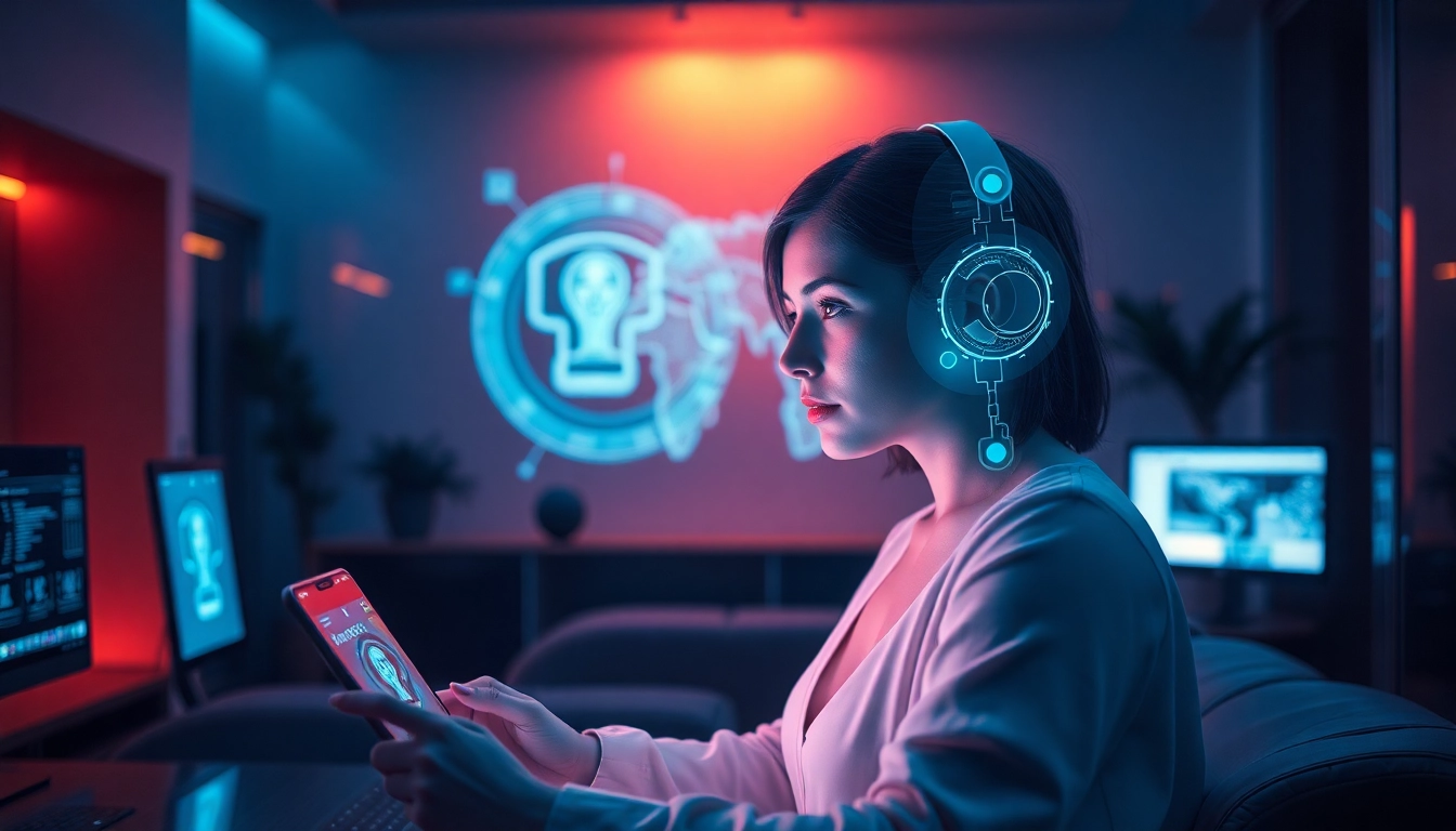 AI girlfriend interacting through a holographic interface, showcasing personalized features and emotional connection, in a realistic digital environment.