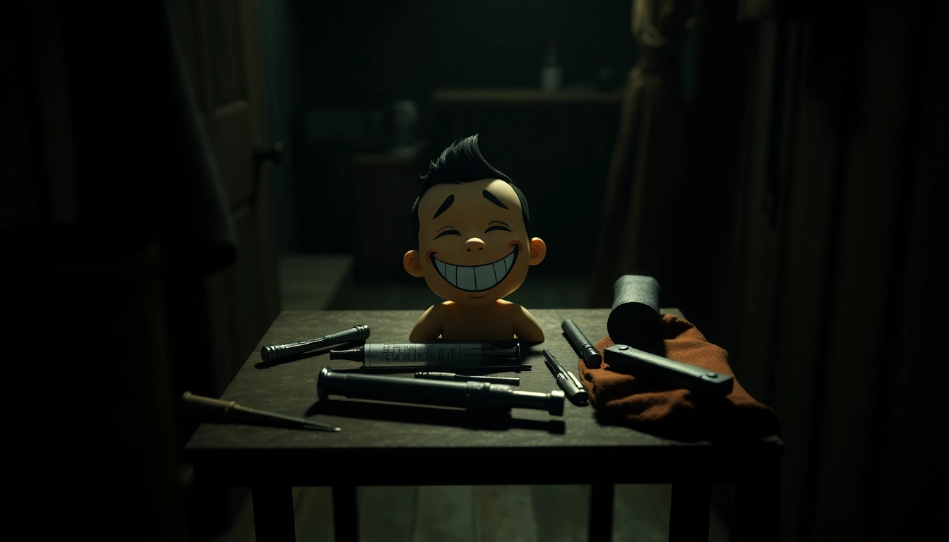 A disturbing scene of a cheerful character Harvey in a dark room surrounded by violent tools, showing pain and suffering.