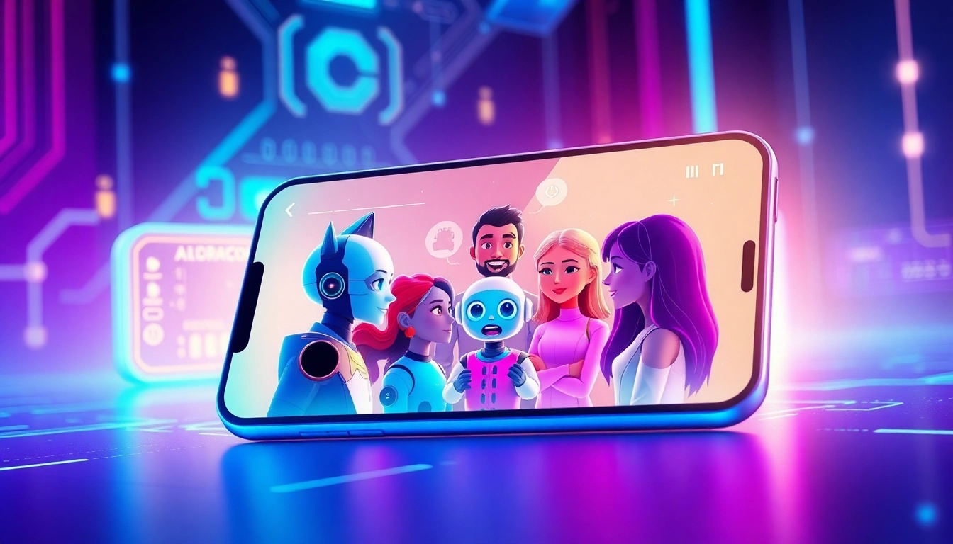 Futuristic digital illustration of AI characters engaging in a lively chat interface with vibrant neon colors and high-tech background.