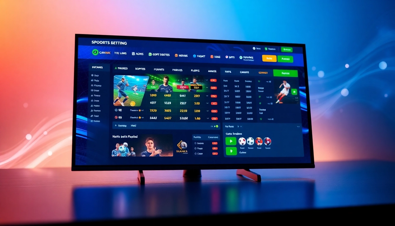 Digital sports betting platform with live odds and sports icons, vibrant and modern design
