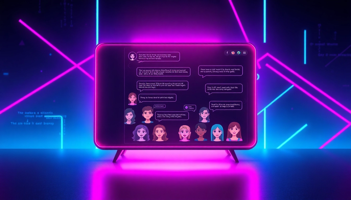 Futuristic chat interface with customizable AI characters and glowing neon accents.