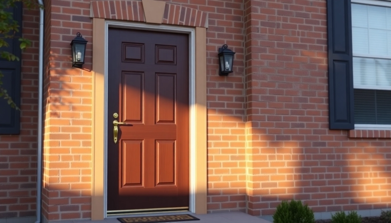 front door replacement: premium door with brass handle on a sunlit Indianapolis home