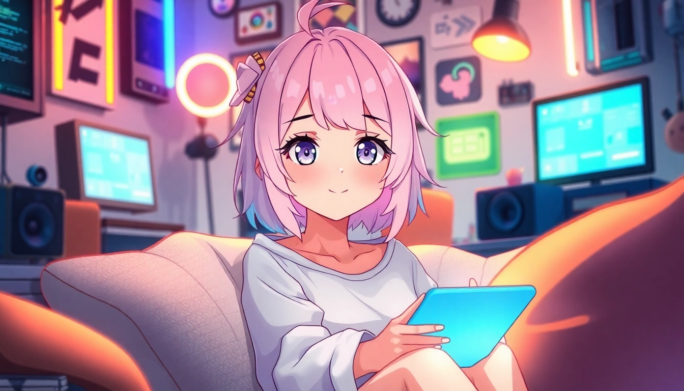 Illustration of a friendly femboy character in a cozy, tech-filled room with neon accents and warm lighting.
