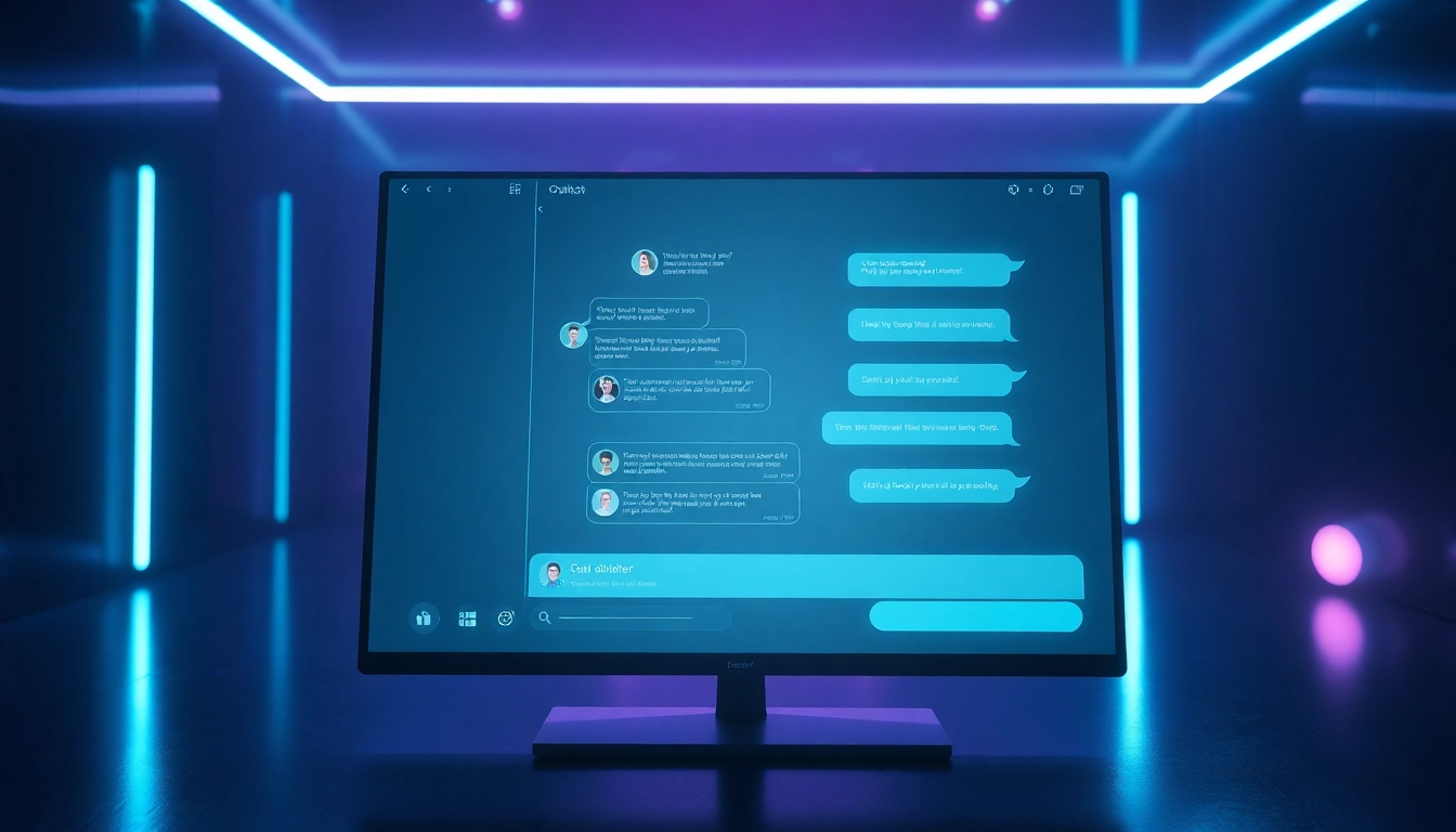 Futuristic AI chatbot interface with neon accents and customizable characters on a digital screen.