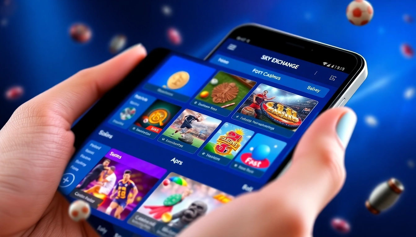 The Sky Exchange App on a smartphone screen features quick sports betting options and casino games for seamless user experience.