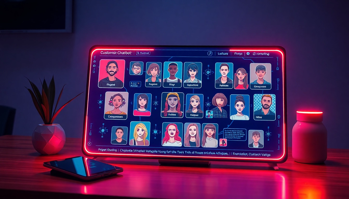 Futuristic digital chatbot interface showcasing customizable AI characters with neon accents and modern device integration.