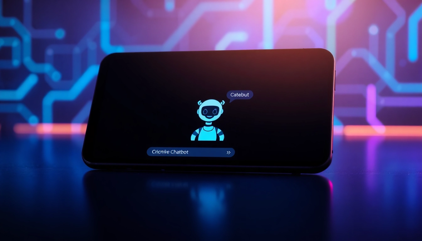 Futuristic chatbot interface on a sleek device with a customizable AI character in a vibrant, tech-inspired setting.