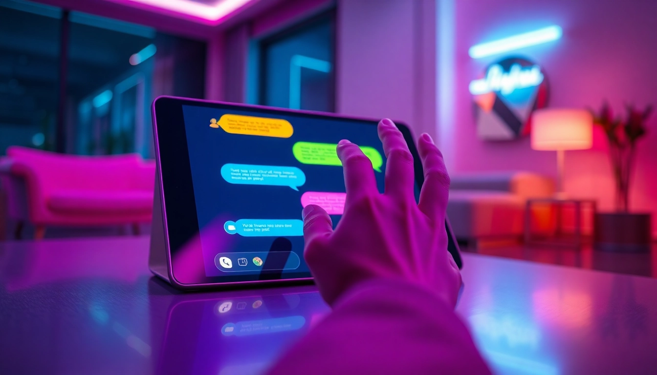 Close-up of a person interacting with a futuristic chat interface on a tablet, with colorful speech bubbles and neon lighting.
